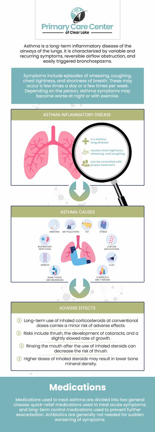 Signs and symptoms of asthma include shortness of breath, tightness or soreness in the chest, wheezing while exhaling, difficulty falling asleep, coughing, and wheezing. Although there is no treatment for asthma, its symptoms can be managed. Whether you are suffering from moderate or severe asthma, we can help! Visit our clinic in Webster, TX, and get treatment from our kind and caring professionals. We have convenient locations to serve you in Webster and Pasadena, TX. For more information, please contact us or schedule an appointment online.