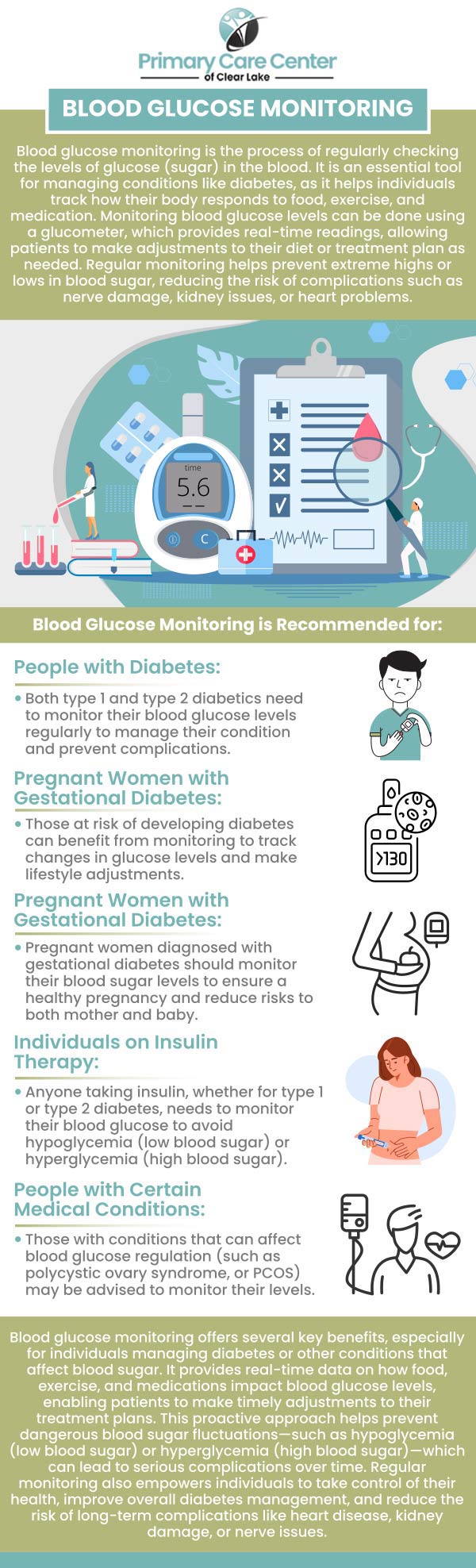 Continuous Glucose Monitoring (CGM) involves the use of a small sensor inserted under the skin to track glucose levels in real-time throughout the day and night. This technology enables individuals with diabetes to monitor their blood sugar trends more closely, helping to manage their condition more effectively and potentially avoid dangerous fluctuations. Visit Dr. Smriti Choudhary, M.D., and Dr. Niraj Choudhary, M.D., at Primary Care of Clear Lake to learn more about Continuous Glucose Monitoring. For more information, please contact us or schedule an appointment online. We are conveniently located at 13920 Osprey Ct, Suite C, Webster, TX 77598.