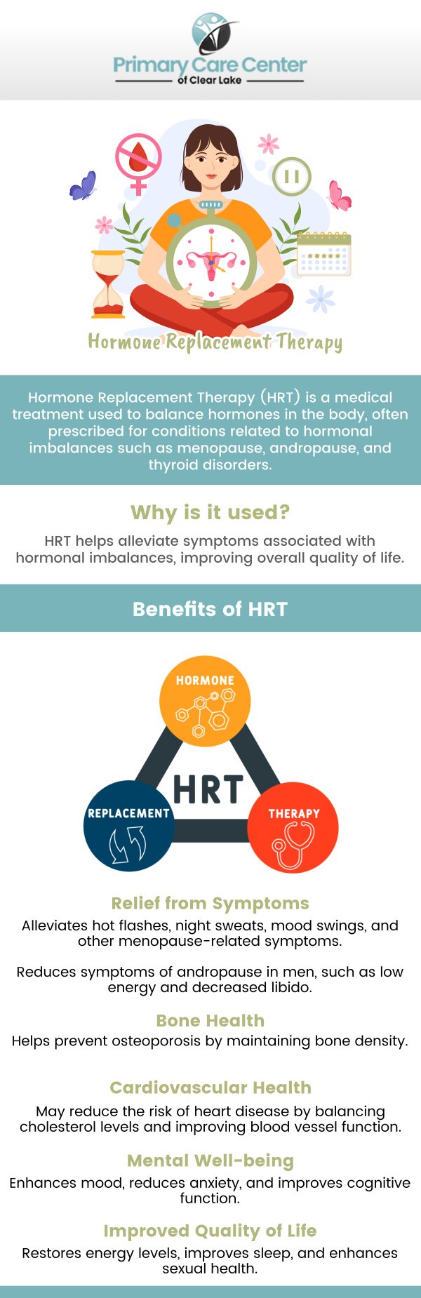Common questions asked by patients: What is hormone replacement therapy (HRT) and how does it work? Who are the ideal candidates for hormone replacement therapy? What are the common benefits of HRT for women during menopause? How long should someone undergo hormone replacement therapy for optimal results? For more information, contact us or book an appointment online. We are conveniently located at 13920 Osprey Ct, Suite C, Webster, TX 77598. We serve patients from Webster TX, Bacliff TX, Dickinson TX, Seabrook TX, League City TX, Clear Lake City TX, and surrounding areas.
