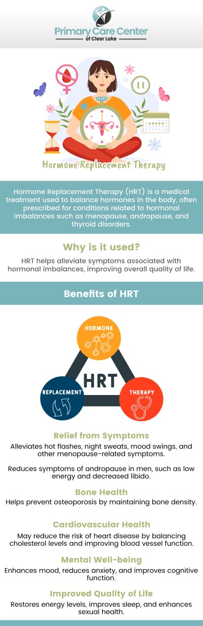 Common questions asked by patients: What is hormone replacement therapy (HRT) and how does it work? Who are the ideal candidates for hormone replacement therapy? What are the common benefits of HRT for women during menopause? How long should someone undergo hormone replacement therapy for optimal results? For more information, contact us or book an appointment online. We are conveniently located at 13920 Osprey Ct, Suite C, Webster, TX 77598. We serve patients from Webster TX, Bacliff TX, Dickinson TX, Seabrook TX, League City TX, Clear Lake City TX, and surrounding areas.
