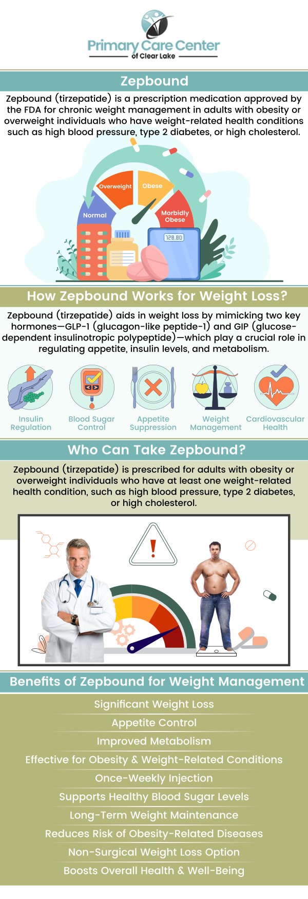 Zepbound works by suppressing appetite and enhancing fullness, creating the calorie deficit essential for effective weight loss. At Primary Care of Clear Lake, Dr. Smriti Choudhary, MD, and Dr. Niraj Choudhary, MD, provide expert guidance on what to expect before starting Zepbound and throughout your journey. Their personalized approach ensures sustainable weight loss while prioritizing overall health. For more information, please contact us or schedule an appointment online. We have convenient locations to serve you in Webster, TX and Pasadena, TX. Zepbound works by suppressing appetite and enhancing fullness, creating the calorie deficit essential for effective weight loss. At Primary Care of Clear Lake, Dr. Smriti Choudhary, MD, and Dr. Niraj Choudhary, MD, provide expert guidance on what to expect before starting Zepbound and throughout your journey. Their personalized approach ensures sustainable weight loss while prioritizing overall health. For more information, please contact us or schedule an appointment online. We have convenient locations to serve you in Webster, TX and Pasadena, TX.