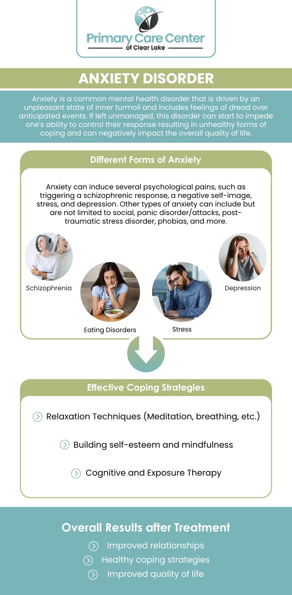 At Primary Care Center of Clear Lake, Dr. Smriti Choudhary, MD offers comprehensive anxiety disorder treatment to help you manage symptoms and improve your quality of life. We provide personalized care that may include therapy, lifestyle recommendations, and medication management tailored to your needs. Our approach is focused on addressing the root causes of anxiety while offering support and strategies to help you regain control over your mental well-being. For more information, please contact us or schedule an appointment online. We have convenient locations to serve you in Webster and Pasadena, TX.