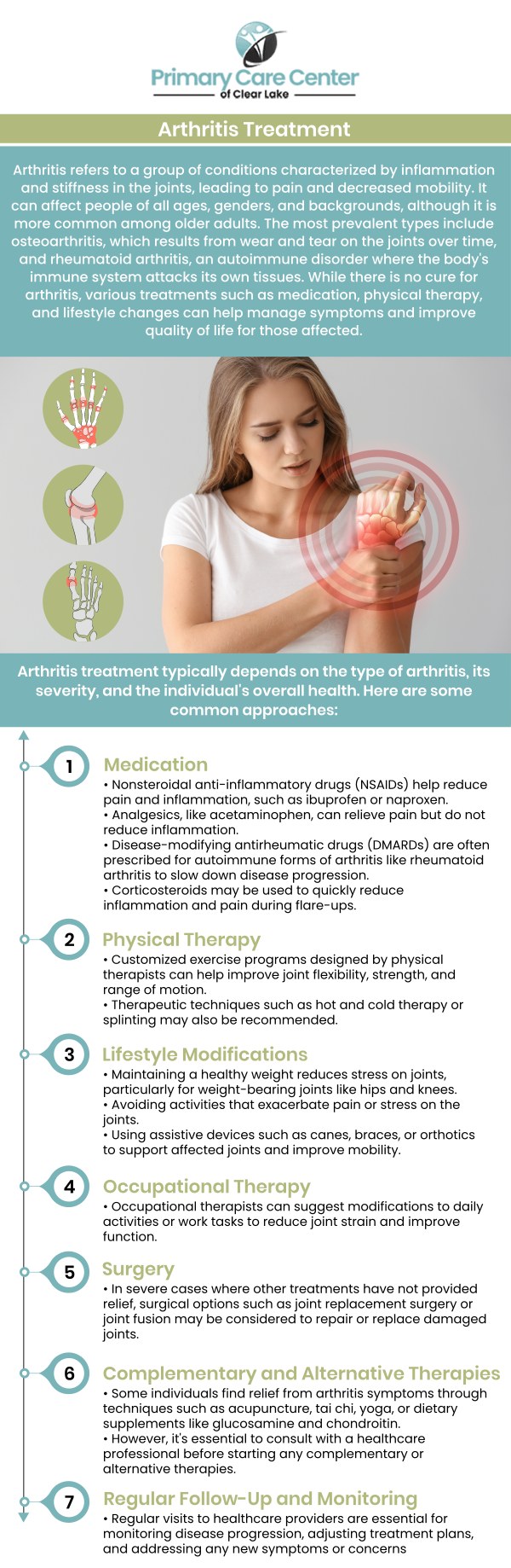 If you're struggling with arthritis, consulting with an experienced arthritis doctor is crucial for managing your condition and improving your quality of life. At Primary Care of Clear Lake, Dr. Smriti Choudhary, MD, and our dedicated team is here to provide you with personalized care tailored to your specific needs. Don’t let arthritis hold you back, contact us today or book an appointment online to take the first step towards effective relief. We have convenient locations to serve you in Webster and Pasadena, TX.