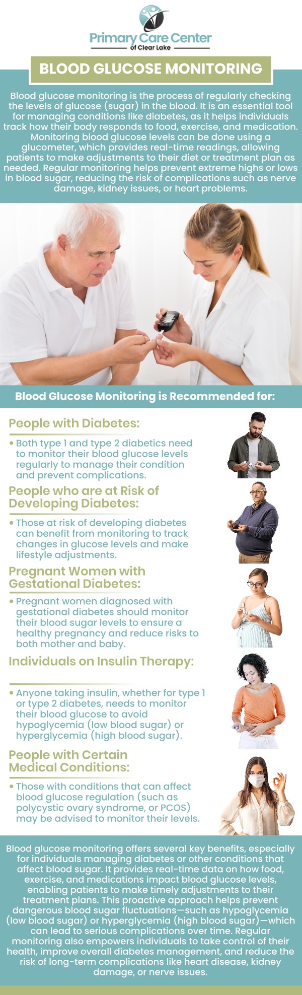 Continuous Glucose Monitoring (CGM) involves the use of a small sensor inserted under the skin to track glucose levels in real-time throughout the day and night. This technology enables individuals with diabetes to monitor their blood sugar trends more closely, helping to manage their condition more effectively and potentially avoid dangerous fluctuations. Visit Dr. Smriti Choudhary, M.D., and Dr. Niraj Choudhary, M.D., at Primary Care of Clear Lake to learn more about Continuous Glucose Monitoring. For more information, please contact us or schedule an appointment online. We have convenient locations to serve you in Webster and Pasadena, TX.
