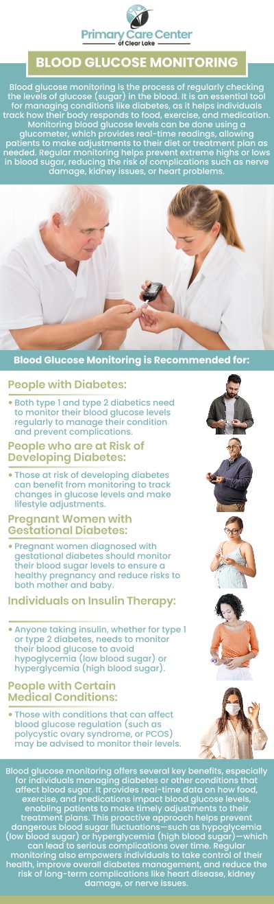 Continuous Glucose Monitoring (CGM) involves the use of a small sensor inserted under the skin to track glucose levels in real-time throughout the day and night. This technology enables individuals with diabetes to monitor their blood sugar trends more closely, helping to manage their condition more effectively and potentially avoid dangerous fluctuations. Visit Dr. Smriti Choudhary, M.D., and Dr. Niraj Choudhary, M.D., at Primary Care of Clear Lake to learn more about Continuous Glucose Monitoring. For more information, please contact us or schedule an appointment online. We have convenient locations to serve you in Webster and Pasadena, TX.