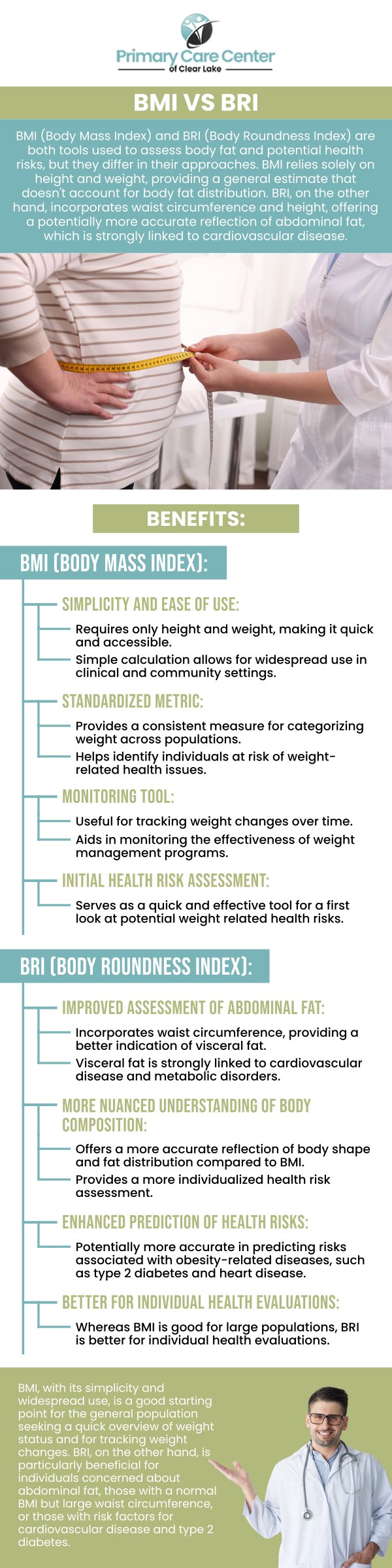 Are you seeking comprehensive healthcare solutions? At Primary Care of Clear Lake, Dr. Smriti Choudhary, MD, and Dr. Niraj Choudhary, MD, offer personalized treatment plans to help you achieve your weight loss goals. Whether you need routine check-ups, preventive care, or weight loss support, we’re here for you. We can also help you understand the differences between BMI and BRI. For more information, contact us or schedule an appointment. We have convenient locations to serve you in Webster and Pasadena, TX.