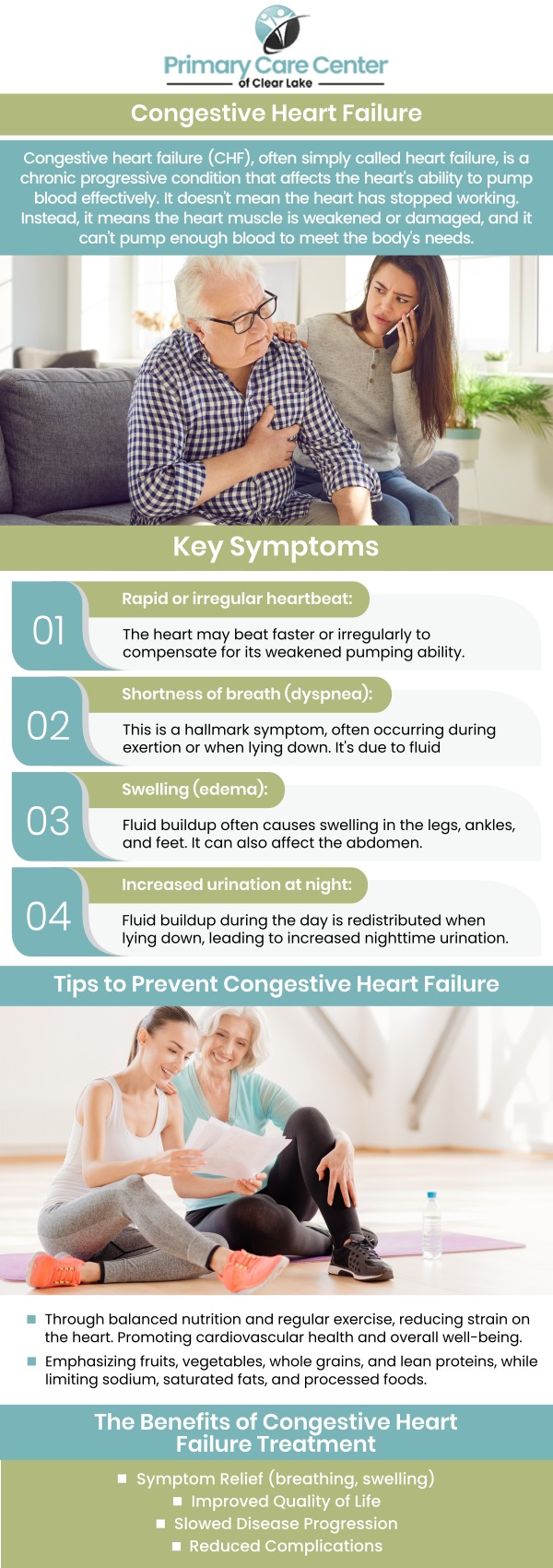Managing Congestive Heart Failure requires ongoing attention, expert care, and a personalized treatment plan. At the Primary Care Center of Clear Lake, Dr. Smriti Choudhary, M.D., and Dr. Niraj Choudhary, M.D., offer evidence-based CHF treatment to help improve quality of life and reduce hospital visits. With a commitment to long-term heart health, we provide the trusted support you deserve. For more information, please contact us or schedule an appointment online. We have convenient locations to serve you in Webster and Pasadena, TX. Managing Congestive Heart Failure requires ongoing attention, expert care, and a personalized treatment plan. At the Primary Care Center of Clear Lake, Dr. Smriti Choudhary, M.D., and Dr. Niraj Choudhary, M.D., offer evidence-based CHF treatment to help improve quality of life and reduce hospital visits. With a commitment to long-term heart health, we provide the trusted support you deserve. For more information, please contact us or schedule an appointment online. We have convenient locations to serve you in Webster and Pasadena, TX.