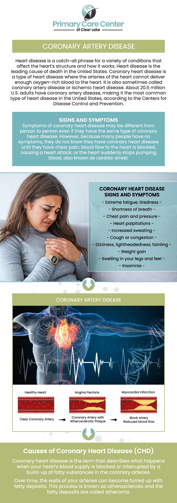 Early diagnosis and expert management of Coronary Heart Disease (CHD) are key to preventing serious complications like heart attacks. Dr. Smriti Choudhary, M.D., and Dr. Niraj Choudhary, M.D., at the Primary Care Center of Clear Lake provide thorough cardiovascular evaluations, risk assessments, and individualized treatment plans. Trust their experience and compassion to guide your heart care journey. For more information, please contact us or schedule an appointment online. We have convenient locations to serve you in Webster and Pasadena, TX. Early diagnosis and expert management of Coronary Heart Disease (CHD) are key to preventing serious complications like heart attacks. Dr. Smriti Choudhary, M.D., and Dr. Niraj Choudhary, M.D., at the Primary Care Center of Clear Lake provide thorough cardiovascular evaluations, risk assessments, and individualized treatment plans. Trust their experience and compassion to guide your heart care journey. For more information, please contact us or schedule an appointment online. We have convenient locations to serve you in Webster and Pasadena, TX.