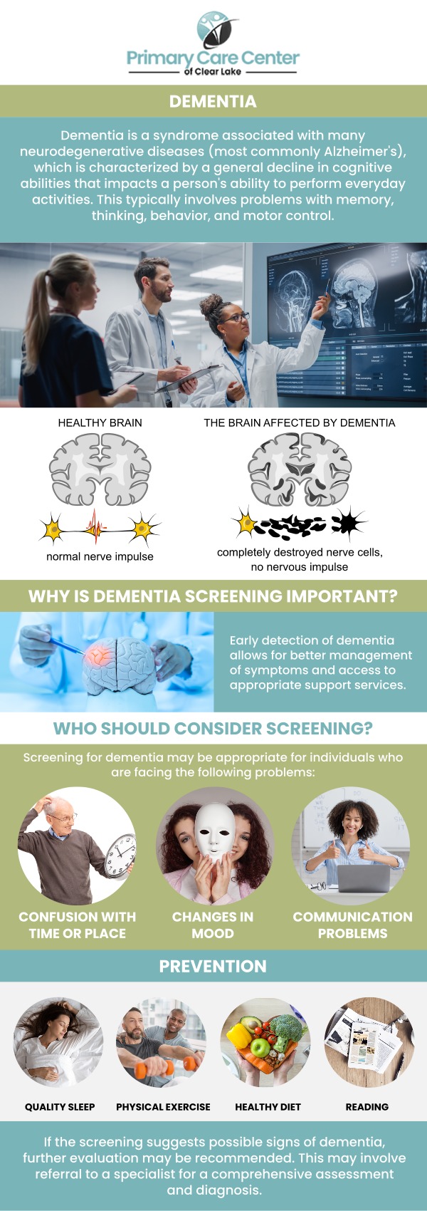 Are you experiencing signs of dementia? Is your loved one experiencing signs of dementia? Get the right healthcare attention that you and your family need today! There is no one proven test for dementia. The assessment will take into account behavioral, functional, and psychological changes, as well as radiological and laboratory examinations. Contact Dr. Smriti Choudhary, M.D., and Dr. Niraj Choudhary, M.D. today at Primary Care Center of Clear Lake or visit us online to book an appointment. We have convenient locations to serve you in Webster and Pasadena, TX.