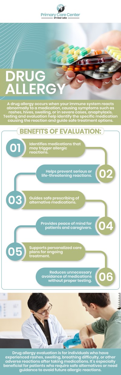 Drug allergy testing is a procedure that helps determine if a person is allergic to certain medications. It involves either applying small amounts of the suspected drug to the skin or using blood tests to evaluate the immune system’s response. This type of testing is crucial for individuals who have had adverse reactions to medications, as it aids doctors in choosing safe alternatives. Our professionals are trained to help you relieve drug allergy symptoms. Visit one of our specialists at Primary Care Center for the treatment of your allergy. For more information, please contact us or schedule an appointment online. We are conveniently located at 13920 Osprey Ct, Suite C, Webster, TX 77598. Drug allergy testing is a procedure that helps determine if a person is allergic to certain medications. It involves either applying small amounts of the suspected drug to the skin or using blood tests to evaluate the immune system’s response. This type of testing is crucial for individuals who have had adverse reactions to medications, as it aids doctors in choosing safe alternatives. Our professionals are trained to help you relieve drug allergy symptoms. Visit one of our specialists at Primary Care Center for the treatment of your allergy. For more information, please contact us or schedule an appointment online. We are conveniently located at 13920 Osprey Ct, Suite C, Webster, TX 77598.