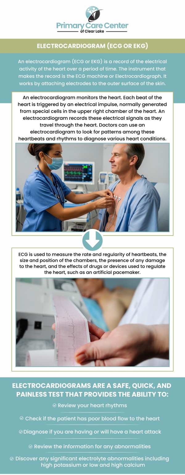 EKG testing is essential for detecting heart problems that may not show clear symptoms. It can reveal irregular heart rhythms, signs of a heart attack, or reduced blood flow to the heart. Common symptoms prompting an EKG include chest pain, shortness of breath, dizziness, palpitations, and fatigue. Consult Dr. Smriti Choudhary, MD, for an early detection through an EKG that can lead to faster diagnosis and appropriate care. For more information, please contact us or schedule an appointment online. We have convenient locations to serve you in Webster and Pasadena, TX. EKG testing is essential for detecting heart problems that may not show clear symptoms. It can reveal irregular heart rhythms, signs of a heart attack, or reduced blood flow to the heart. Common symptoms prompting an EKG include chest pain, shortness of breath, dizziness, palpitations, and fatigue. Consult Dr. Smriti Choudhary, MD, for an early detection through an EKG that can lead to faster diagnosis and appropriate care. For more information, please contact us or schedule an appointment online. We have convenient locations to serve you in Webster and Pasadena, TX.