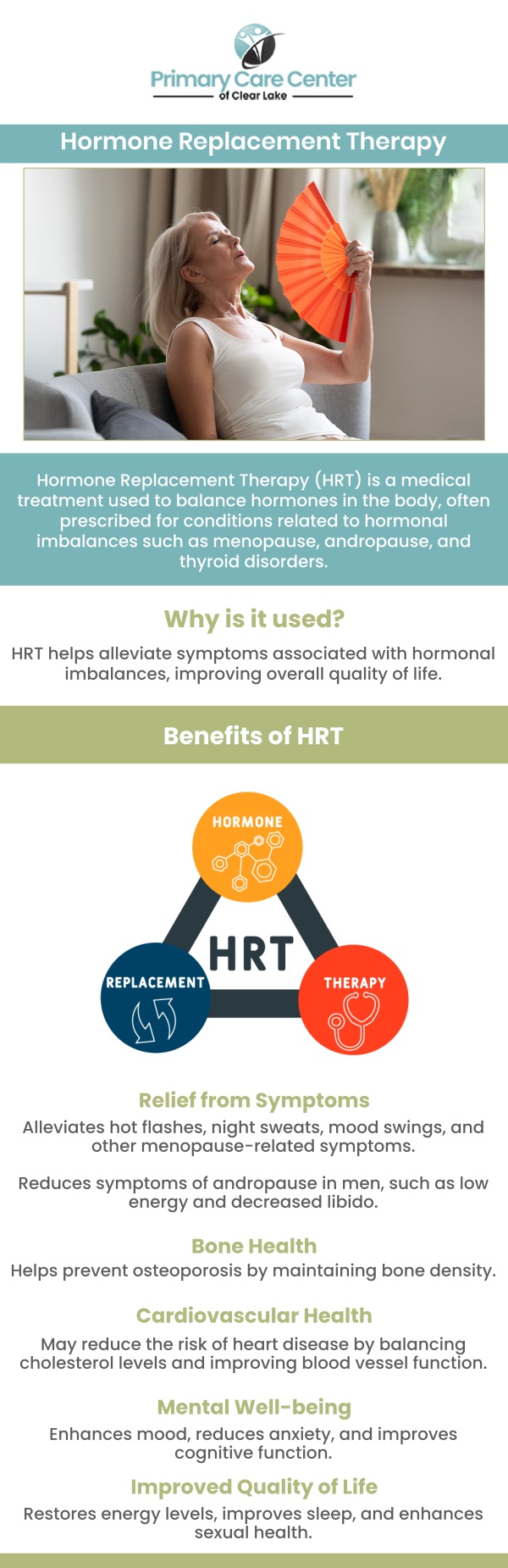 Common questions asked by patients: What is hormone replacement therapy (HRT) and how does it work? Who are the ideal candidates for hormone replacement therapy? What are the common benefits of HRT for women during menopause? How long should someone undergo hormone replacement therapy for optimal results? For more information, contact us or book an appointment online. We have convenient locations to serve you in Webster and Pasadena, TX. We serve patients from Webster TX, Bacliff TX, Dickinson TX, Seabrook TX, League City TX, Clear Lake City TX, and surrounding areas. Common questions asked by patients: What is hormone replacement therapy (HRT) and how does it work? Who are the ideal candidates for hormone replacement therapy? What are the common benefits of HRT for women during menopause? How long should someone undergo hormone replacement therapy for optimal results? For more information, contact us or book an appointment online. We have convenient locations to serve you in Webster and Pasadena, TX. We serve patients from Webster TX, Bacliff TX, Dickinson TX, Seabrook TX, League City TX, Clear Lake City TX, and surrounding areas.