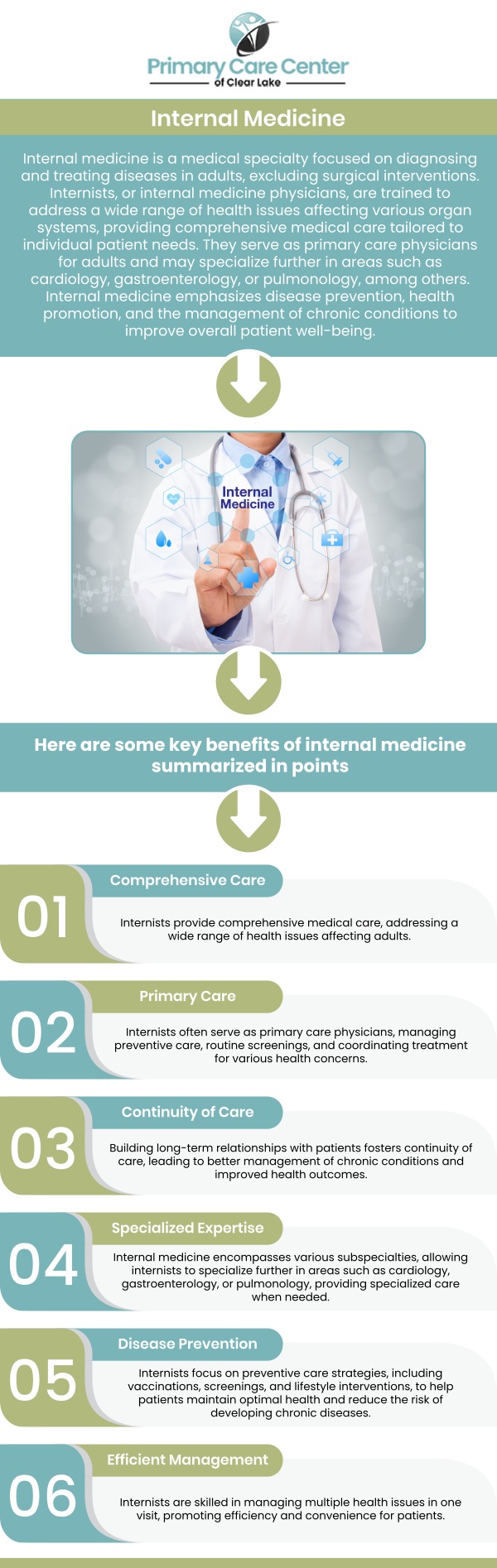 At Primary Care Center of Clear Lake, we prioritize your health and well-being with comprehensive care tailored to your needs. Led by Dr. Smriti Choudhary, MD, our team specializes in diagnosing and treating a broad range of medical conditions, from chronic illnesses to preventive care. We focus on providing personalized treatment plans to help you manage health issues effectively and improve your overall quality of life. Whether you're in need of a routine check-up or long-term care management, we're here to support you every step of the way. For more information, please contact us or schedule an appointment online. We have convenient locations to serve you in Webster and Pasadena, TX.