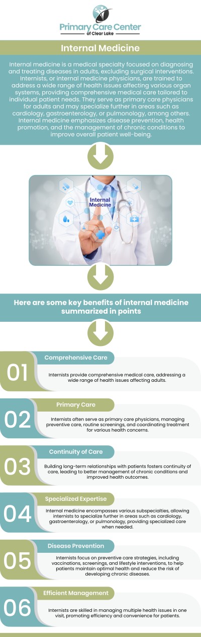 At Primary Care Center of Clear Lake, we prioritize your health and well-being with comprehensive care tailored to your needs. Led by Dr. Smriti Choudhary, MD, our team specializes in diagnosing and treating a broad range of medical conditions, from chronic illnesses to preventive care. We focus on providing personalized treatment plans to help you manage health issues effectively and improve your overall quality of life. Whether you're in need of a routine check-up or long-term care management, we're here to support you every step of the way. For more information, please contact us or schedule an appointment online. We have convenient locations to serve you in Webster and Pasadena, TX.