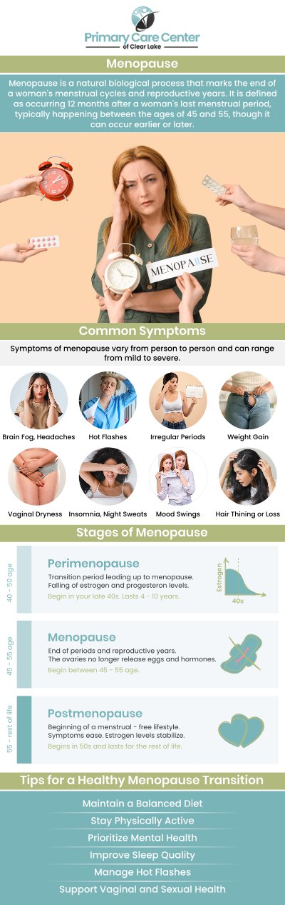 Common questions asked by patients: What are the common symptoms of menopause? How can menopause affect a woman's physical health? What treatments are available to manage menopause symptoms? How does menopause impact mental health and mood? For more information, contact us or book an appointment online. We have convenient locations to serve you in Webster and Pasadena, TX. We serve patients from Webster TX, Bacliff TX, Dickinson TX, Seabrook TX, League City TX, Clear Lake City TX, and surrounding areas.