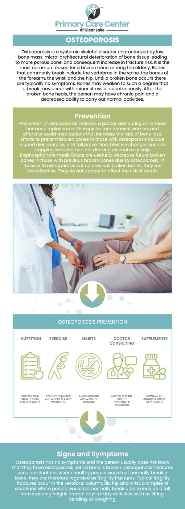 Osteoporosis occurs when bones weaken and become brittle, increasing the risk of fractures. It commonly results from aging, hormonal changes after menopause, low calcium and vitamin D levels, or underlying medical conditions. At Primary Care of Clear Lake, we understand the importance of preventing and managing osteoporosis to ensure our patients maintain strong and healthy bones. Our dedicated team offers comprehensive osteoporosis assessments as part of our commitment to your overall well-being. For more information, please contact us or schedule an appointment online. We have convenient locations to serve you in Webster and Pasadena, TX.
