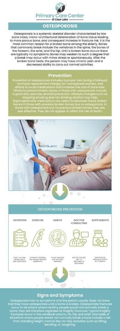 Osteoporosis occurs when bones weaken and become brittle, increasing the risk of fractures. It commonly results from aging, hormonal changes after menopause, low calcium and vitamin D levels, or underlying medical conditions. At Primary Care of Clear Lake, we understand the importance of preventing and managing osteoporosis to ensure our patients maintain strong and healthy bones. Our dedicated team offers comprehensive osteoporosis assessments as part of our commitment to your overall well-being. For more information, please contact us or schedule an appointment online. We have convenient locations to serve you in Webster and Pasadena, TX.