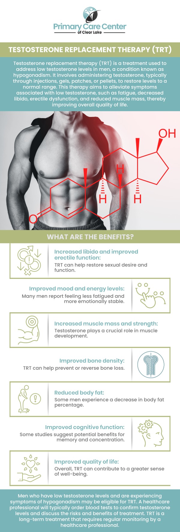 Common questions asked by patients: What are the common symptoms that indicate a need for testosterone replacement therapy? How does testosterone replacement therapy improve energy and mood in men? What are the potential risks and side effects of testosterone replacement therapy? How is testosterone replacement therapy administered, and how often should it be done? For more information, please contact us or schedule an appointment online. We have convenient locations to serve you in Webster and Pasadena, TX. We serve patients from Webster TX, Pasadena TX, South Houston TX, Brookwood TX, Seabrook TX, Bacliff TX, Dickinson TX, and surrounding areas. Common questions asked by patients: What are the common symptoms that indicate a need for testosterone replacement therapy? How does testosterone replacement therapy improve energy and mood in men? What are the potential risks and side effects of testosterone replacement therapy? How is testosterone replacement therapy administered, and how often should it be done? For more information, please contact us or schedule an appointment online. We have convenient locations to serve you in Webster and Pasadena, TX. We serve patients from Webster TX, Pasadena TX, South Houston TX, Brookwood TX, Seabrook TX, Bacliff TX, Dickinson TX, and surrounding areas.
