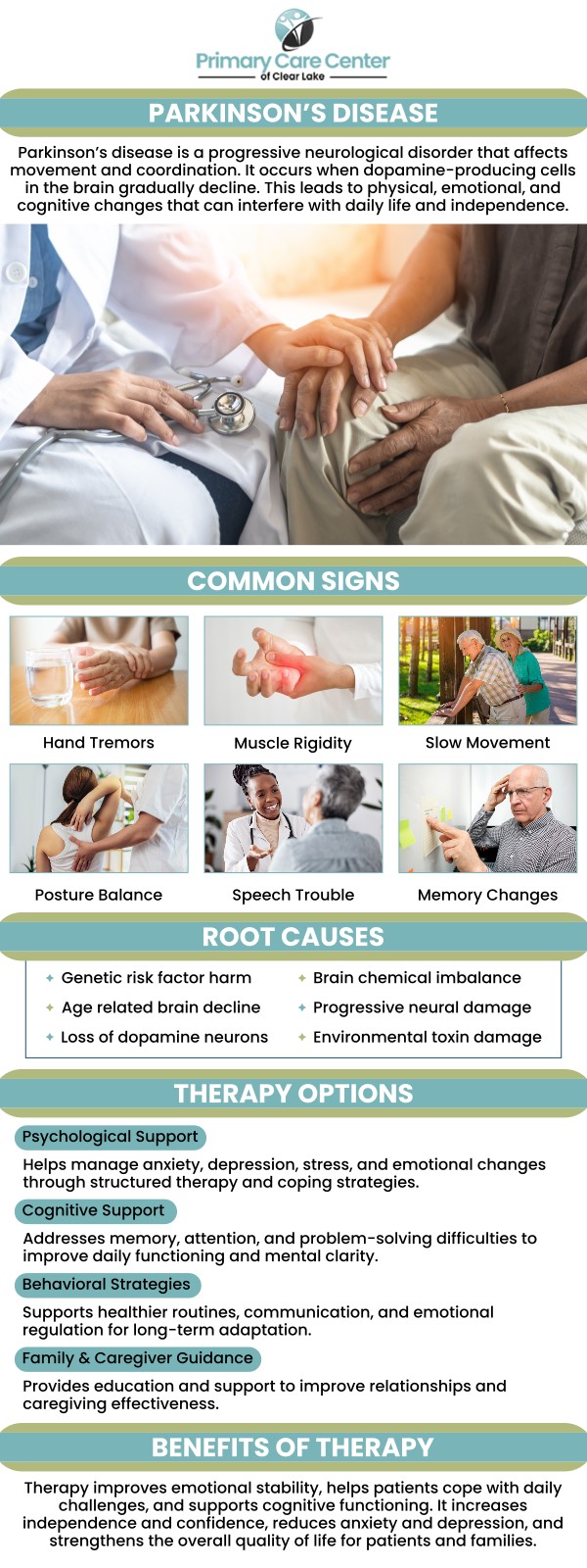 Common questions asked by patients: What are the five 5 signs of Parkinson's disease? What is the main cause of Parkinson's disease? How fast does Parkinson's progress? Visit us for Parkinson's treatment. For more information, contact us or book an appointment online. We have convenient locations to serve you in Webster and Pasadena, TX. We serve patients from Webster TX, Bacliff TX, Dickinson TX, Seabrook TX, League City TX, Clear Lake City TX, and surrounding areas. Common questions asked by patients: What are the five 5 signs of Parkinson's disease? What is the main cause of Parkinson's disease? How fast does Parkinson's progress? Visit us for Parkinson's treatment. For more information, contact us or book an appointment online. We have convenient locations to serve you in Webster and Pasadena, TX. We serve patients from Webster TX, Bacliff TX, Dickinson TX, Seabrook TX, League City TX, Clear Lake City TX, and surrounding areas.