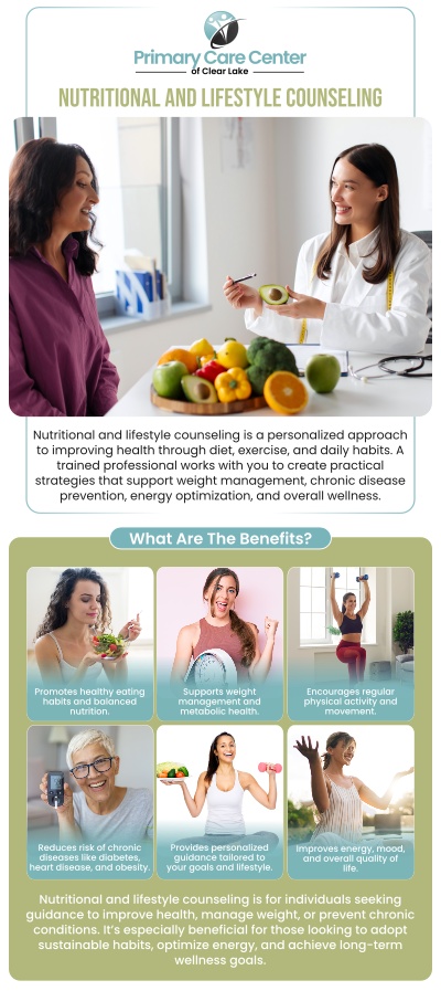 Nutritional and lifestyle counseling offers personalized guidance to individuals seeking to improve their overall health and well-being. By addressing dietary habits, physical activity levels, stress management, and other lifestyle factors, this approach can empower individuals to make sustainable changes that promote long-term health and vitality. Dr. Smriti Choudhary, M.D., and Dr. Niraj Choudhary, M.D., at Primary Care of Clear Lake, can help you manage a healthy lifestyle. For more information, please contact us or schedule an appointment online. We have convenient locations to serve you in Webster and Pasadena, TX. Nutritional and lifestyle counseling offers personalized guidance to individuals seeking to improve their overall health and well-being. By addressing dietary habits, physical activity levels, stress management, and other lifestyle factors, this approach can empower individuals to make sustainable changes that promote long-term health and vitality. Dr. Smriti Choudhary, M.D., and Dr. Niraj Choudhary, M.D., at Primary Care of Clear Lake, can help you manage a healthy lifestyle. For more information, please contact us or schedule an appointment online. We have convenient locations to serve you in Webster and Pasadena, TX.
