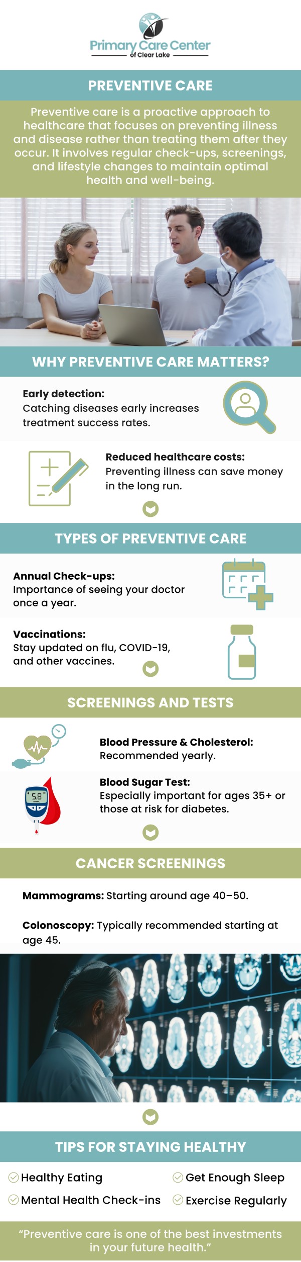 Common questions asked by patients: What are 3 examples of preventive health care? What does preventative health care include? What is the best example of preventive care? Is preventive care the same as physical? What is done during a preventive visit? We have convenient locations to serve you in Webster and Pasadena, TX. For more information, please contact us or schedule an appointment online. We serve patients from Webster TX, Bacliff TX, Dickinson TX, Seabrook TX, League City TX, Clear Lake City TX, and surrounding areas. Common questions asked by patients: What are 3 examples of preventive health care? What does preventative health care include? What is the best example of preventive care? Is preventive care the same as physical? What is done during a preventive visit? We have convenient locations to serve you in Webster and Pasadena, TX. For more information, please contact us or schedule an appointment online. We serve patients from Webster TX, Bacliff TX, Dickinson TX, Seabrook TX, League City TX, Clear Lake City TX, and surrounding areas.