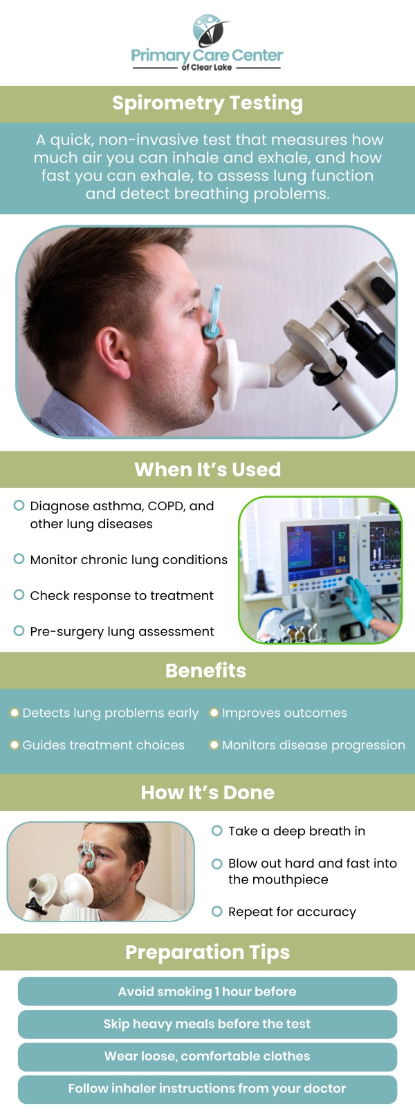 Common questions asked by patients: What does a spirometry test tell you? What are normal spirometry levels? How do I prepare for a spirometry test? What is the difference between spirometry and pulmonary function test? For more information, contact us or book an appointment online. We have convenient locations to serve you in Webster and Pasadena, TX. We serve patients from Webster TX, Bacliff TX, Dickinson TX, Seabrook TX, League City TX, Clear Lake City TX, and surrounding areas.