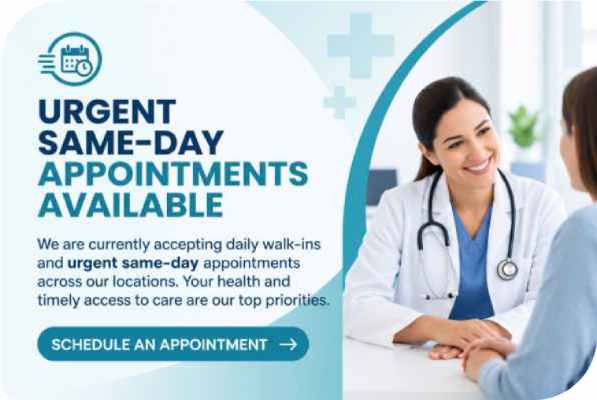 Urgent Same-Day Appointments Available at Primary Care Center of Clear Lake in Webster and Pasadena TX